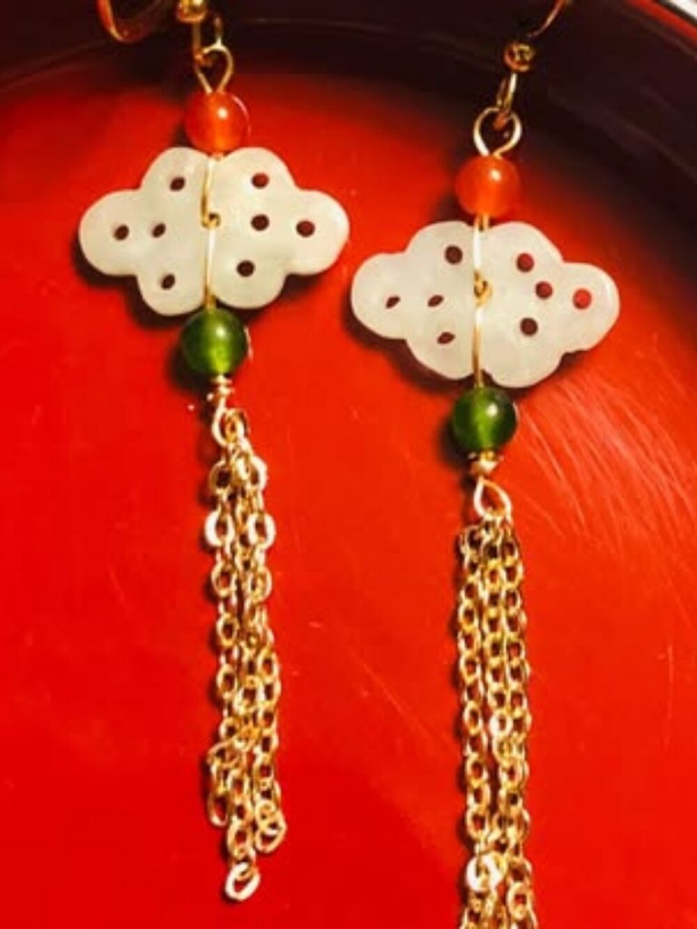 Natural Jadeite Hollow-Carved 14K Gold Filled Long Ear Hook Earrings